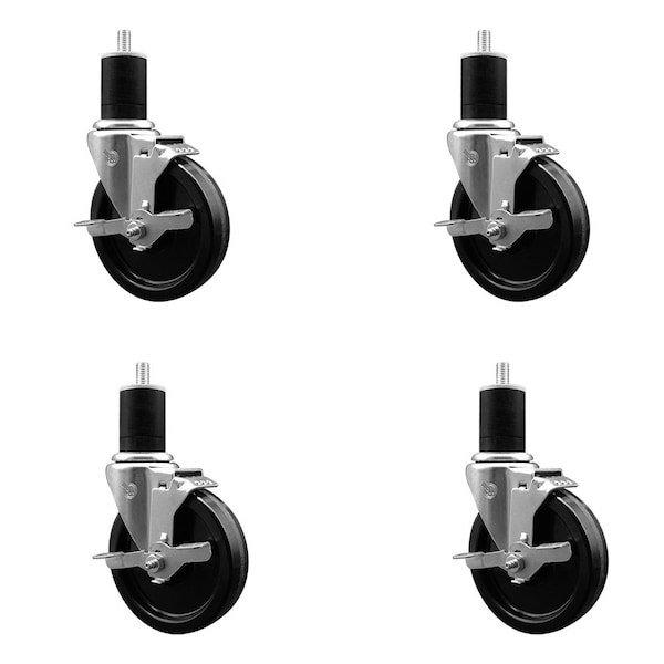 5'' SS Phenolic Swivel 1-3/4'' Expanding Stem Caster Set with Brake, 4PK